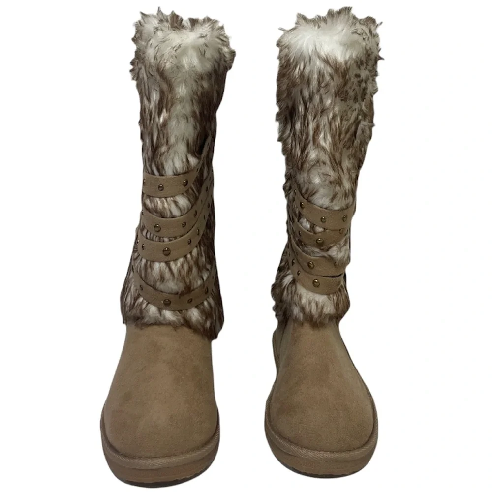 Fur Boots Tall Knee High Winter Snow Boots Neutral Beige Taupe Womens Size 10